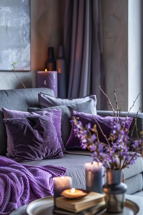 Chic Grey and Purple Living Room Decor Ideas Purple Accent Living Room Decor, Living Room Designs Purple, Purple Interior Design Living Room, Living Room Ideas Purple And Grey, Purple Living Room Decor, Grey And Purple Living Room, Living Room Ideas Grey, Purple Living Room Furniture, Lilac Living Room