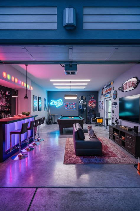 Transform your 2 car garage into the ultimate man cave! From budget builds to luxury setups, we've got ideas that'll rev your engines! Check out our latest blog! #homedesigninsider #2cargaragemancaveideas Mancave In Garage, Gaming Garage Ideas, Big Garage Design, Hobby Room Ideas For Men, Cool Man Cave Ideas Garage, Garage Conversion Games Room, Garage Cave Man Ideas, Garage Mens Cave Ideas, Garage Conversion Man Cave