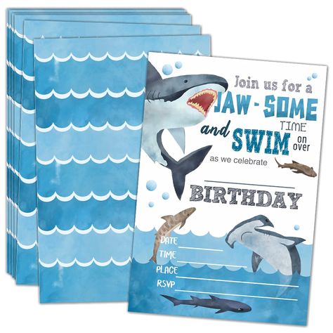 PRICES MAY VARY. Sufficient Quantity: Includes 20 invitations and 20 white envelopes! Delight Your Guests. Send out these Birthday Party Invitation Sets to invite your family or friends to your baby’s Birthday Party! Your baby’s Birthday Party will be fantastic with this gorgeous Shark theme Invitations! Incomparable Design: With this Shark style design the baby’s Birthday Party Invitation is so attractive that everyone received this would like to be with you in the special day, the ”DATE,TIME,P Shark Birthday Party Invitation, Shark Party Decorations, Shark Birthday Party, Shark Party, Birthday Dates, Shark Birthday, Baby 1st Birthday, Cards With Envelopes, 9th Birthday