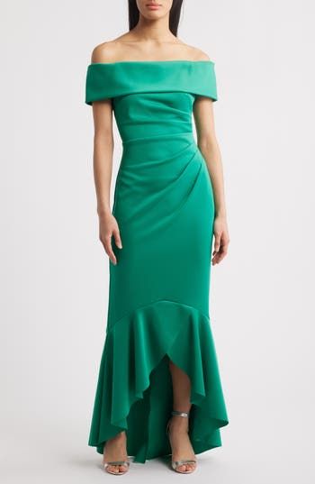 Bring a posh pop of color to the evening's festivities in a shoulder-showing gown finished with flounce. 37" - 51" center front length; 55" back length (size 8) Hidden back-zip closure Off-the-shoulder neck Short sleeves Partially lined 95% polyester, 5% spandex Machine wash, dry flat Imported High Low Gown, Eliza J, High Low, Pop Of Color, Off The Shoulder, Color Pop, Jade, Size 12, Size 2