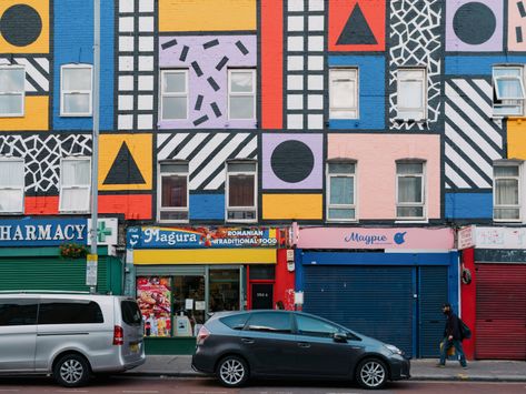 Camille Walala revives Leyton high street with Walala Parade Camille Walala, Architecture Contemporary, Vibrant Aesthetic, Abandoned Warehouse, Outdoor Artwork, Creative Area, Led Projects, Public Artwork, Colorful Murals