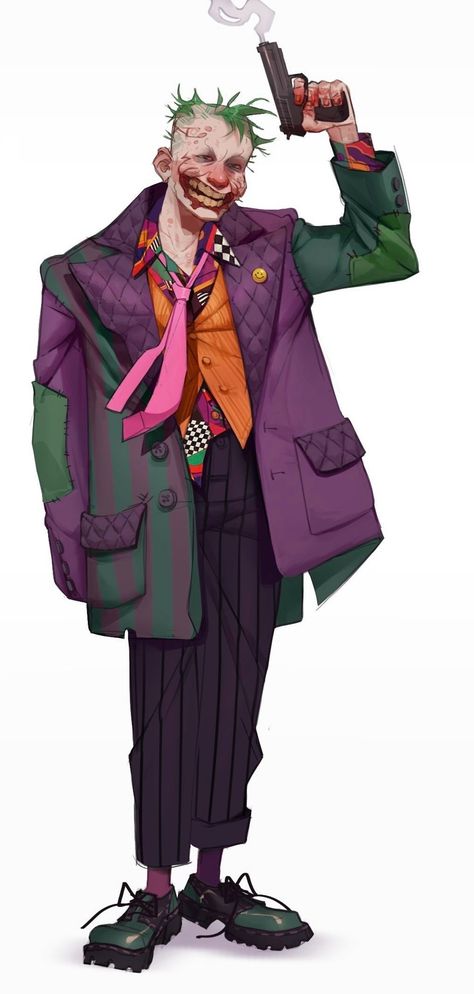 The Batman Art 2022, Joker Redesign Art, Batman Ninja Joker, Villain Drawing Poses Reference, Batman Villains Fanart, Joker Character Design, Villain Ideas Character Design, Character Turn Around, The Joker Fanart