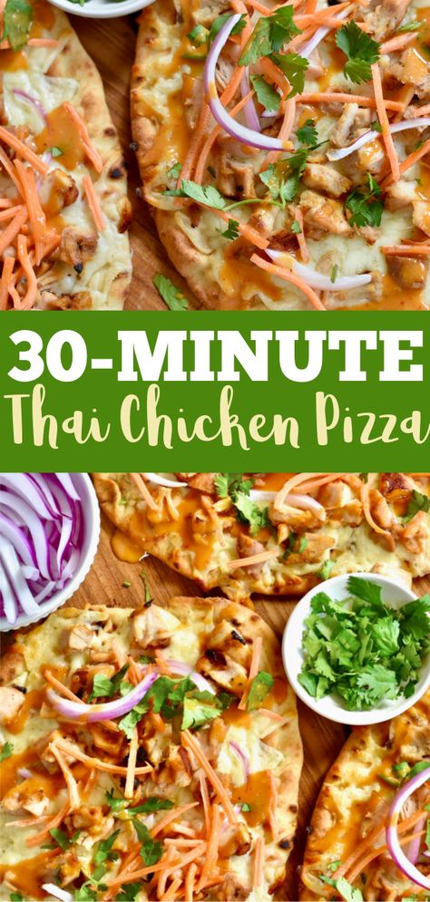 Thai Pizza, Thai Chicken Pizza, Chicken Pizza Recipe, Naan Pizza Recipes, Chicken Crust Pizza, Chicken Pizza Recipes, Thai Peanut Chicken, Naan Pizza, Naan Recipe