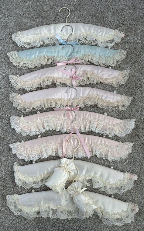 Lot of 8 Vintage Padded Satin Fabric Covered Laced Lingerie Hangers w/Buttons | #4640215847 Coquette Hangers, Satin Hangers, Space Fairy, Coquette Fits, Coquette Things, Vintage Hangers, Pallet Beds, Padded Hangers, Merch Store