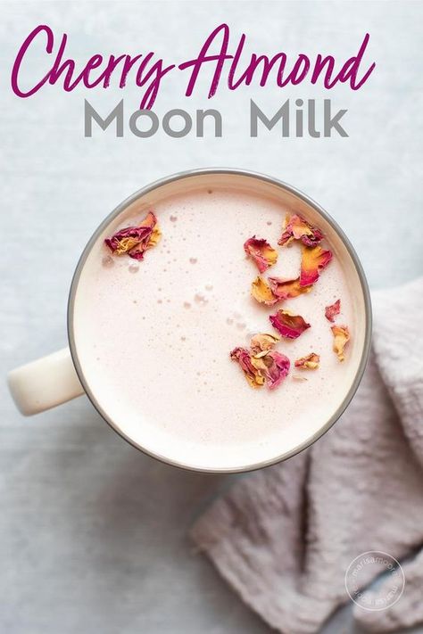 This moon milk is made from tart cherry juice, warm almond milk, and honey. Sip this pretty pink drink to help you fall asleep faster tonight! #moonmilk #healthyrecipes Strawberry Moon Milk, Chia Tea, Pregnant Drinks, Moon Milk Recipe, Black Cherry Juice, Coconut Milk Drink, Cherry Tea, Moon Milk, Cherry Coconut