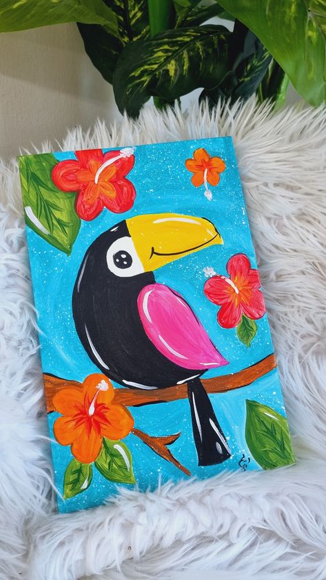 Easy Bird Drawing For Kids, Toucan Craft, Kids Painting Class, Toucan Art, Bird Painting Acrylic, Poster Color Painting, Buddha Art Drawing, Cute Canvas Paintings, Art Lessons For Kids