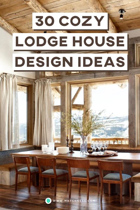 The lodge’s white dining room features wooden furniture. A ceiling made of wooden beams will bring a perfect natural look there. Glass windows with wooden frames will present a simple yet perfect natural feel in your lodge decoration. #lodgehouse #lodgeinterior #lodgedecoration Log House Dining Room, Luxury Lodge Lighting, Modern Log Cabin Interior Pendant Lights, Lodge Dining Room, Hand Hewn Log Cabin Interior, Exposed Wood Beams Living Room Pendant Lights & Chandeliers, Beam House, Lodge Furniture, Lodge Style Home