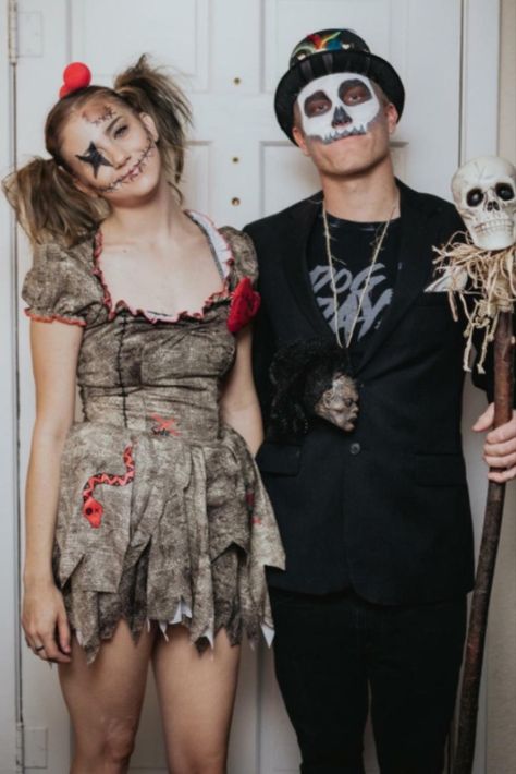 Voodoo Doll Makeup, Voodoo Doll Costume, Voodoo Halloween, Couple Halloween Costume, Costume Couple, Skeleton Halloween Costume, Doll Halloween Costume, California Costumes, Skeleton Costume