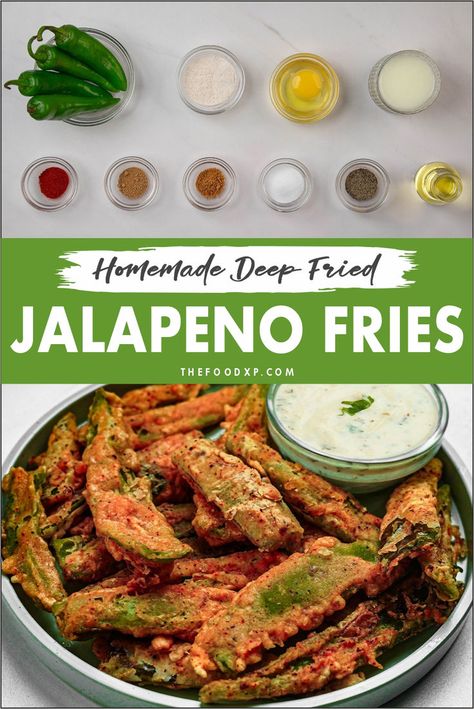 Image of Homemade Deep-Fried Jalapeño Fries served in a basket lined with parchment paper. The jalapeño strips are golden, crispy, and perfectly battered, giving them a spicy, crunchy texture. A small bowl of dipping sauce is placed beside the fries, making this flavorful and bold snack an ideal appetizer or side dish. Texas Toothpicks Recipe, Jalapeno Fries, Sweet Potato Dumplings, Fried Jalapenos, Short Recipes, Global Cuisine, Fusion Food, Cuisine Recipes, Herbs And Spices