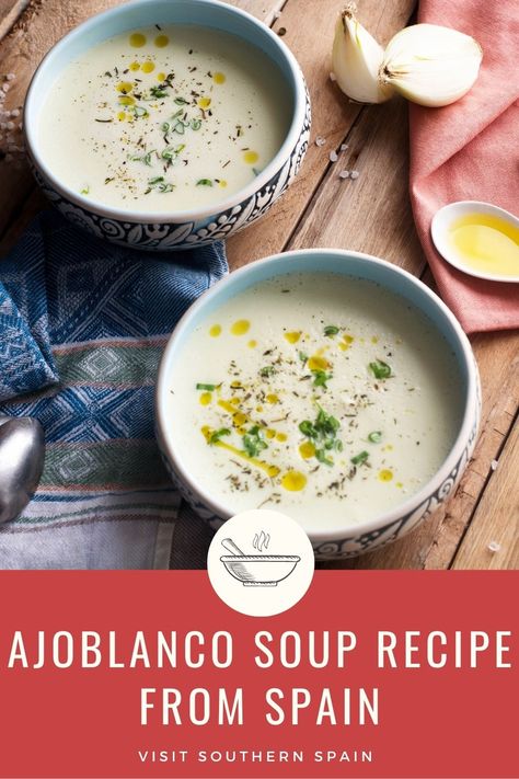 Are you looking for a Cold Garlic Soup recipe? The Ajo Blanco recipe is an Andalusian specialty for all the garlic lovers out there, having a unique taste. Ajo Blanco soup is a garlic soup recipe that is served during summertime and you can find it all over Spain, in restaurants and supermarkets alike. The ajoblanco recipe's main ingredients are garlic and almond, making the Spanish garlic soup a healthy and nutritious one. #coldgarlicsoup #ajoblanco #coldspanishsoup #garlicsoup #summersoup Ajo Blanco Recipe, Soups Without Onions And Garlic, Austrian Garlic Soup, Spanish Garlic Soup, Spanish Garlic Soup Recipe, Czech Garlic Soup Recipe, Asiago Garlic Cauliflower Soup, Garlic Soup Recipe, Orthodox Fasting