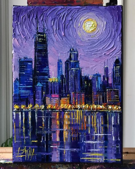 M O N A E D U L E S C O on Instagram: “✨Chicago Skyline✨Textured impasto palette knife oil painting on canvas 19x27cm (7”x11”) 🎨 This painting is a custom commission for a lovely…” Couples Canvas Painting, Canvas Art For Sale, Skyline Painting, Easy Canvas Painting, Chicago Skyline, Acrylic Painting For Beginners, Cute Canvas, Beginner Painting, Palette Knife