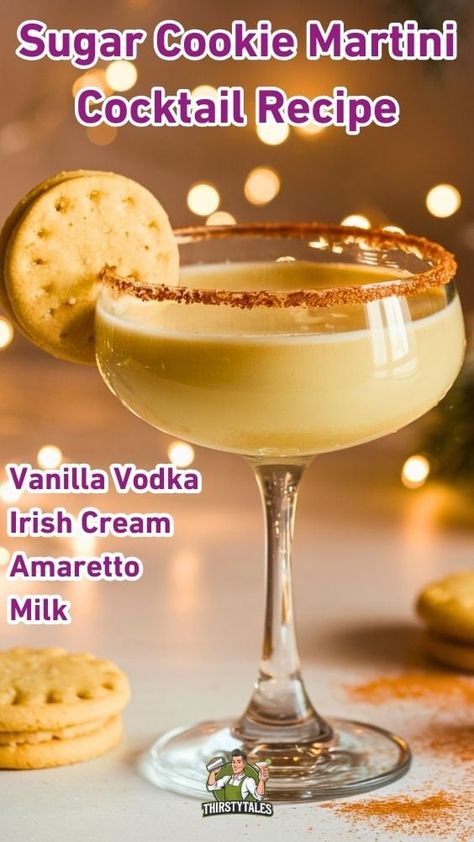 Sugar Cookie Martini Cocktail Recipe: Indulge in a Festive Delight - Thirsty Tales Sugar Cookie Drink Alcohol, Sugar Cookie Drink, Sugar Cookie Martini, Cookie Martini, Rum Chata, Candy Cocktails, Festive Cocktails, Martini Cocktail, Alcohol Drink Recipes