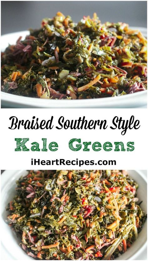 Braised Southern Style Kale | I Heart Recipes Kale With Smoked Turkey, Kale Collard Greens Recipe, Kale Greens With Smoked Turkey, Southern Kale Greens, Kale And Collard Greens Recipes, Kale Greens Recipe Southern, Crockpot Kale, Southern Greens Recipe, Turkey Peppers