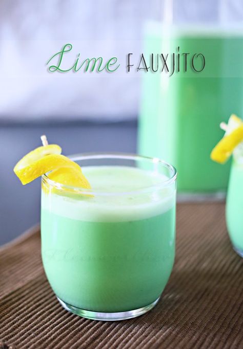 Lime Fauxjito is a non-alcoholic mixed drink much like a mojito. The Perfect Spring Drink, this mocktail is great for holidays, bridal & baby showers & more. Virgin Drinks, Spring Drink, Lime Sherbet, Ginger Ale, Holiday Drinks, Non Alcoholic Drinks, Party Drinks, Mint Chocolate, Refreshing Drinks