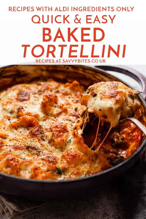 Baked Tortellini Casserole is the ultimate easy comfort food dinner! Made with dried cheese tortellini, rich tomato sauce and melted mozzarella, this easy dinner meal serves up all the flavour you want with a lot less work! All ingredients are from Aldi, so it's a budget-friendly meal that is perfect for meal planning and weekend meal prep. Tortellini Pasta Bake, Baked Tortellini Recipes, Savvy Bites, Cheesy Baked Tortellini, Baked Tortellini Casserole, Tortellini Casserole, Baked Tortellini, White Bean Stew, Easy Comfort Food Dinners