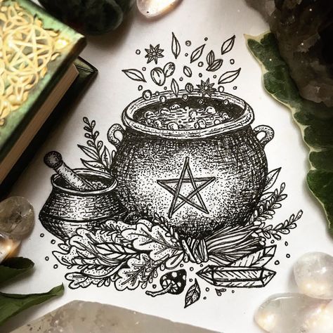 1,066 Likes, 25 Comments - Kirsty Ryder (@paintedwitchdesigns) on Instagram: “A kitchen witch cauldron for day 9! 🍵🌿💀 I wanted to do a bigger witchy piece for today’s prompt…” Cauldron Tattoo, Witches Caldron, Bestie Tats, Tim Burton Tattoo, Witch Cauldron, Witch Tattoo, Tattoos Inspo, Witch Design, Zodiac Tattoos