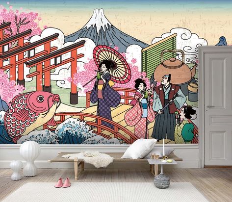 3D Japanese Hand-painted Ukiyo-e Wallpaper Removable Self | Etsy Sushi Bar Design Ideas, Flower Interior Design, Sushi Bar Design, 3d Wallpaper Ideas, Japan Restaurant, Korean Illustration, Japanese Wall Decor, Panoramic Wallpaper, Art On Wall