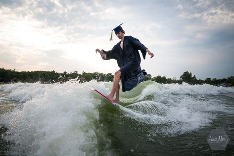 Cap & Gown session on a wakeboard!!! Senior pictures surfing the wake. Surf cap & gown pictures. High school senior pictures • Michigan senior photography • Posing idea for senior • Summer senior pictures • Senior pictures on the lake • Class of 2024 Jet Ski Senior Pictures, Wake Surfing Senior Pictures, Wakeboarding Senior Pictures, Surf Senior Pictures, Surfing Graduation Pictures, Surfing Senior Pictures, Sr Photos, Cap And Gown Pictures, Summer Senior Pictures