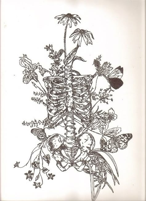 Favorite skeleton with flowers Bird Skull Tattoo, Cage Tattoos, Skeleton Flower, Mode Prints, Ribcage Tattoo, Skeleton Drawings, Skeleton Tattoos, Geniale Tattoos, Medusa Tattoo