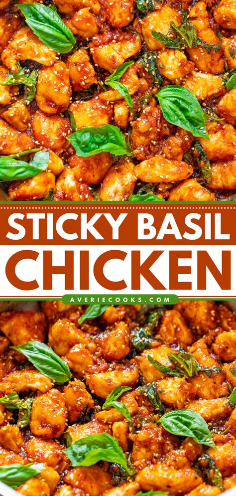 Spicy Basil Chicken Recipe (Quick & Easy!) - Averie Cooks Fresh Basil Recipes, Baked Teriyaki Chicken, Thai Basil Chicken, Amazing Chicken, Asian Restaurant, Basil Recipes, Basil Chicken, Asian Inspired Recipes, Thai Restaurant