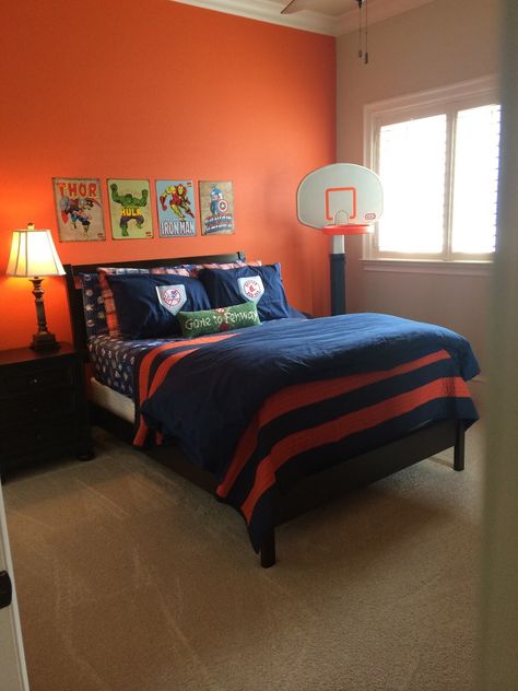 Woohoo for Friday!!  If you haven’t been following along on Instagram, my family has been... Orange Boys Rooms, Boys Room Paint Colors, Orange Decorations, Orange Nursery, Boy Room Paint, Deco Orange, Orange Rooms, Bedroom Color Combination, Bedroom Orange