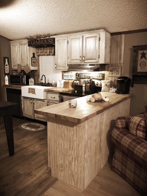 Doublewide Mobile Home Kitchen Remodel, Single Wide Kitchen Ideas, Single Wide Remodel, Mobile Home Kitchen, Mobile Home Makeovers, Mobile Home Renovations, Manufactured Home Remodel, Western Kitchen, Farmhouse Kitchen Remodel