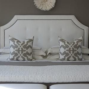 Love the throw pillows White And Gray Bedroom, White Tufted Bed, Restoration Hardware Bed, Transitional Architecture, Transitional Entryway, Transitional Office, Warm Grey Paint Colors, Transitional Wall Art, Transitional Staircase