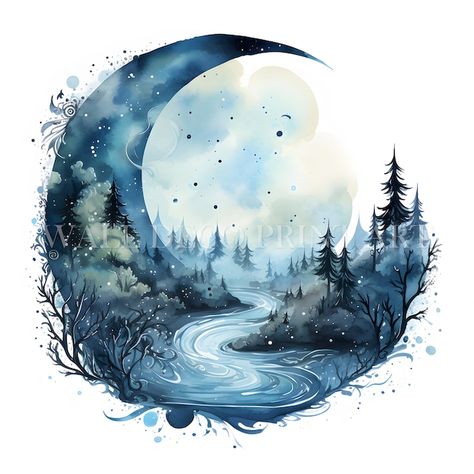 WallDecoPrintArt - Etsy Beautiful Full Moon, Moon Clipart, Watercolor Mixed Media, Round Art, Beautiful Moon, Art Journals, Etsy Crafts, Watercolor Clipart, Full Moon