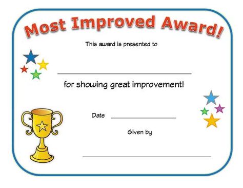 most improved award Classroom Awards Certificates, School Award Certificates, Preschool Diploma, Boys Potty, Classroom Awards, Learning Crafts, Potty Training Girls, Kids Awards, Potty Training Boys