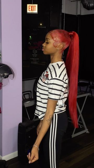 Cute Mid Ponytail Hairstyles, Red High Ponytail Weave, Red Ponytails On Black Women, Red Slick Back Ponytail Weave, Burgundy Ponytail Black Women, Red Ponytail Hairstyles For Black Women, Red High Ponytail, Red Ponytail Hairstyles, Red Hairstyles For Black Women