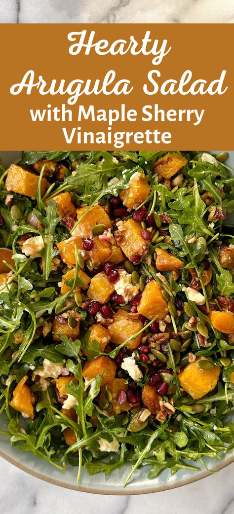 Arugula Salad Recipes Goat Cheese, Arugula Fall Salad, Arugula Butternut Squash Salad, Butternut Squash Arugula Salad, Arugula Salads, Goat Cheese Pomegranate, Butternut Squash Goat Cheese, Squash Goat Cheese, Harvest Salad Recipes