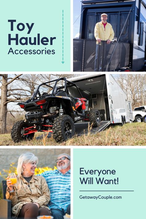 These toy hauler accessories make great use of the garage space in your RV by keeping things organized, and creating a space to have fun! Fun Toy Hauler Accessories Everyone Will Want Toy Hauler Storage Ideas, Toy Hauler Hacks, Toy Hauler Decorating Ideas, Toy Hauler Organization, Camper Organization Rv Living, 5th Wheel Toy Hauler, Toy Hauler Rv, Toy Hauler Camper, Patio Tents