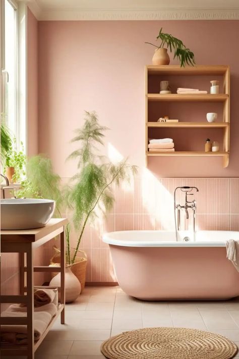 Transform your bathroom into an eco-haven! 🌿🛁 Dive into our guide on 'How to Create a Sustainable Bathroom' and discover 7 innovative ideas that prioritize both the planet and style. Make every splash count! #EcoFriendlyBathroom #SustainableDesign #GreenHomeTips Pink Earthy Bathroom, Pink And Green Bathroom Tiles, Pink Tile Green Wall Bathroom, Pink Bathroom With Plants, Pink Green Bathroom, Light Pink Bathroom, Vintage Pink And Green Bathroom, Ecofriendly Bathroom, Blush Bathroom