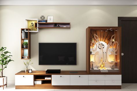 Small Tv Unit With Puja Unit, Pooja Room Attached With Tv Unit, Tv Panel With Mandir, Tv Unit With Puja Unit Modern, Tv Unit Wall Design Living Room, Tv Unit With Mandir Design Modern, Tv Unit Plus Mandir, Tv Cabinet With Pooja Unit, Tv Wall Design With Mandir