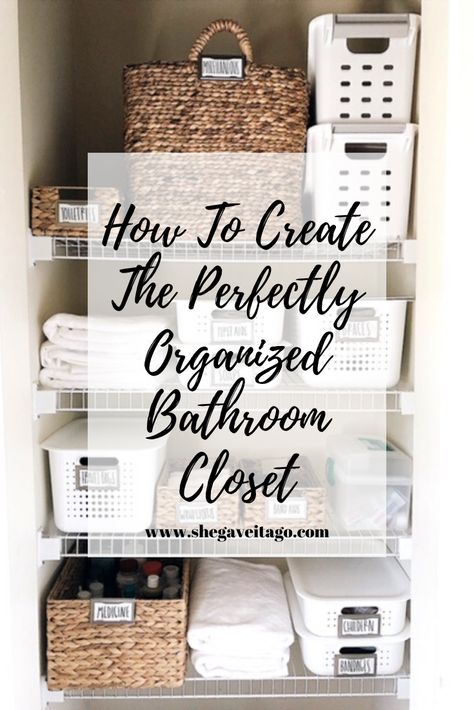 Organizing your bathroom closet with this easy, step by step guide!   #organization #organizing #DIY #beforeandafter #bathroom #bathroomcloset Organize Small Bathroom Closet, Organize Linen Closet Ideas, Organization Label Ideas, Bathroom Closet Storage Ideas, Small Bathroom Closet Organization, Organizing Bathroom Closet, Organize Bathroom Closet, Organized Bathroom Closet, Organizing Linen Closet