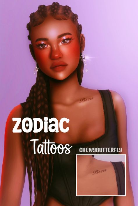 Zodiac tattoos ♥ | chewybutterfly on Patreon The Sims 4 Zodiac Signs Mod, Sims 4 Cc Zodiac Sign, Sims 4 Neck Tattoo Cc, Tattoos Sagittarius, Tattoos Aquarius, Tattoos Underboob, Tattoos Family, Collarbone Tattoos, Tattoos Heart