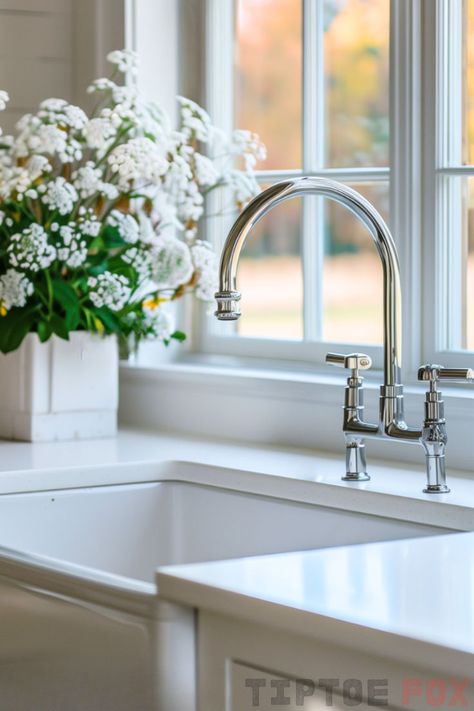 white countertops chrome faucet white sink Farmhouse Kitchen Faucet Ideas, Polished Nickel Kitchen Faucet, Kitchen Faucet Ideas, Polished Nickel Kitchen, Gold Kitchen Faucet, Vintage Faucet, Farmhouse Sink Faucet, Polished Nickel Faucet, Stainless Steel Kitchen Faucet