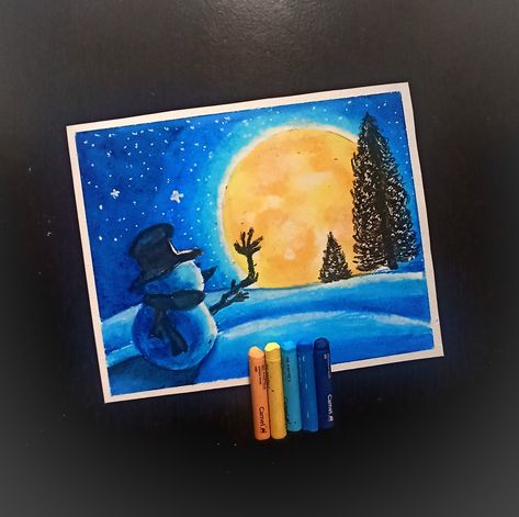 Easy drawing with Oil Pastels Oil Pastel Snowman, Christmas Art Oil Pastels, Christmas Oil Pastel Art, Christmas Oil Pastel, Snowman Drawing, Drawing With Oil Pastels, Wax Pastel, December Lessons, Winter Art Lesson