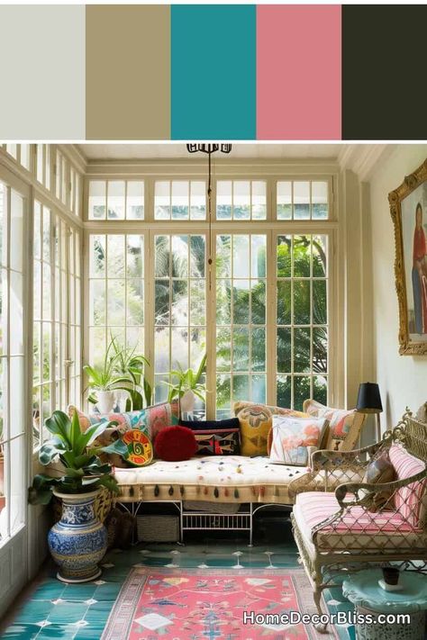 Eclectic Sunroom, Colorful Sunroom, White Sunroom, Room Concept, Wallpaper Walls Decor, Room White, Decor Elements, Ornate Furniture, Colourful Cushions