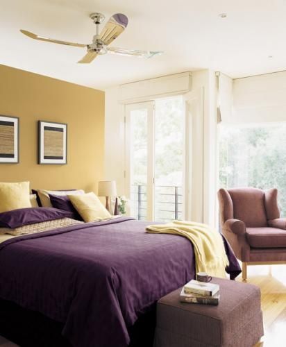 Purple and Yellow bedroom colors Bedroom Colors Purple, Purple And Yellow Bedroom, Yellow Bedroom Paint, Guest Room Paint, Yellow Gray Bedroom, Best Bedroom Paint Colors, Bedroom Yellow, Purple Room Decor, Yellow Bedroom Decor