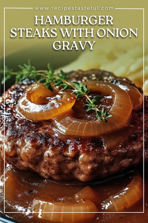 Hamburger Steaks with Onion Gravy is a comforting classic dish that features juicy beef patties smothered in a rich and savory onion gravy. This hearty meal is perfect for family dinners and is sure to satisfy your taste buds with its delicious flavors. Hamburger Steaks With Onion Gravy, Steak Gravy Recipe, Hamburger Steak Recipes, Hamburger Gravy, Hamburger Steak And Gravy, Best Ground Beef Recipes, Beef Skillet, Hamburger Steaks, Juicy Hamburgers