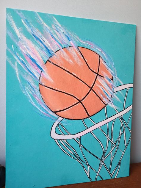 I started off by painting the blue background. Next I drew out my object with a black marker. After that I added the basketball color and movement lines. Finally added the finish details. Basketball Acrylic Painting, Basketball Canvas Painting, Basketball Canvas Art, Charger Art, Basketball Painting, Basketball Ideas, Basketball Artwork, Basketball Drawings, Basketball Canvas