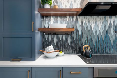 Blue Herringbone Backsplash, Unique Tile Backsplash, Walnut Floating Shelves, Blue Kitchen Cabinets, Herringbone Backsplash, Gorgeous Tile, Unique Tile, Kitchen Stand, Blue Cabinets