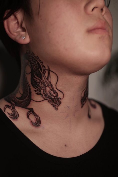 Dragon Neck Tattoo Men, Neck Dragon Tattoo, Neck Tattoo Japanese, Dragon Tattoo On Neck, Dragon Neck Tattoo, Dragon Tattoo Neck, Dragon Tattoo Back, Full Neck Tattoos, Tattoos With Kids Names