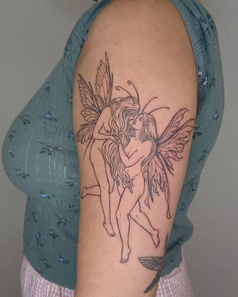 Dainty Edgy Tattoo, Lesbian Fairy Tattoo, Fairy Tattoos For Women Unique, Naked Fairy Tattoo, Fairy Tattoo Designs Unique, Wlw Tattoos, Sapphic Tattoo, Unity Tattoo, Barbie Tattoo