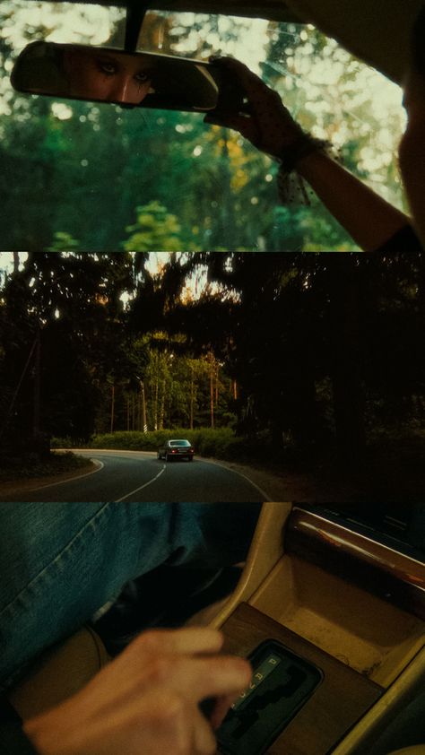 car forest film aesthetic cinematic mirror Driving Film Photography, Retro Cinematic Aesthetic, Film Green Aesthetic, Green In Film, Nature Cinematic Photography, Camera Shots Ideas, Car Film Aesthetic, Italian Film Aesthetic, Cinematic Stills Film