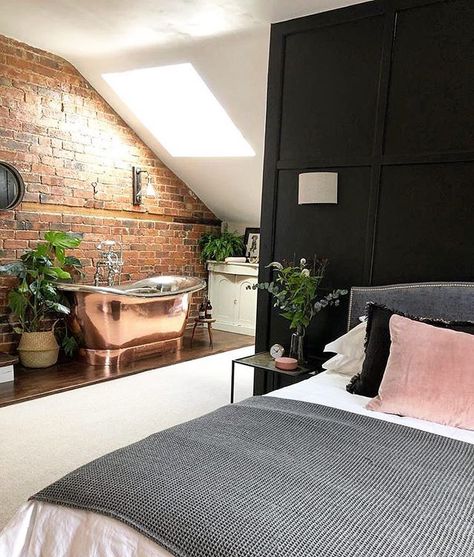 The VELUX® Group shared a post on Instagram: “@two_bears_at_no.96 said: "It’s 2 years ago this month that we started the work on the top floor,…” • Follow their account to see 509 posts. Bedroom With Bathtub, Renovated Victorian, Copper Bathtub, Copper Bedroom, Victorian Villa, Bedroom With Bath, Loft Room, Cottage Interior, Top Floor