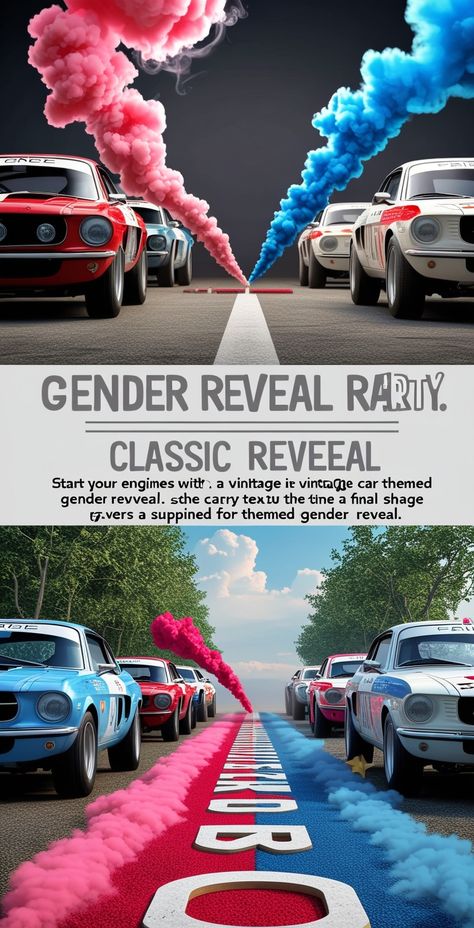 Start your engines with a vintage car rally-themed gender reveal. Classic cars line up, and the final race reveals pink or blue smoke from the winning car's exhaust. #VintageCarRally #ClassicReveal #GenderReveal #CarShow #RallyParty #EngineRoar Car Rally, Gender Reveal Themes, Gender Reveal Ideas, Gender Reveal Decorations, Birthday Flyer, Pink Or Blue, Reveal Ideas, Reveal Parties, Vintage Car