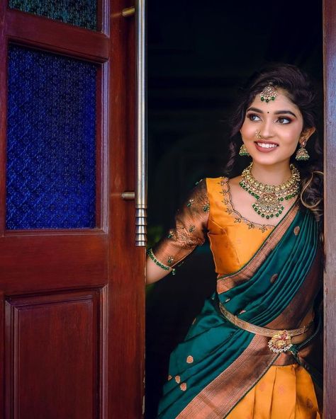 Half Saree Blouse Models Latest, South Indian Half Saree Designs, Lehanga Photo Poses Traditional, Traditional Half Saree Photoshoot Poses, Blouse Designs For Half Sarees, Half Saree Pics Poses, Half Saree Function Photoshoot Poses, Poses In Half Saree For Photoshoot, Half Saree Photo Poses