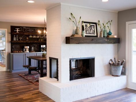 White Brick Fireplace, Painted Brick Fireplace, Painted Brick Fireplaces, Double Sided Fireplace, Farmhouse Fireplace, Wood Mantels, Magnolia Market, Corner Fireplace, Fireplace Remodel